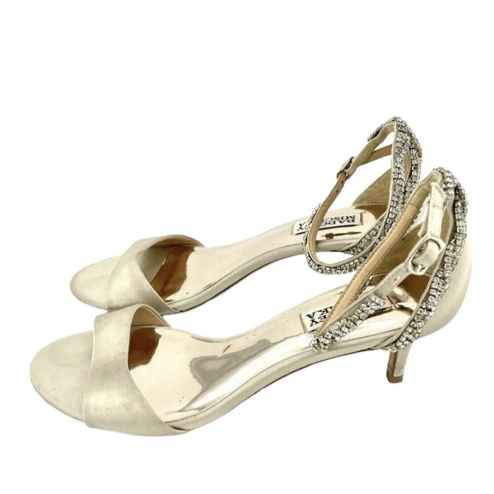 Badgley Mischka Yareli Beige Satin Kitten Heel Rhinestone Sandals SZ 7.5 - Picture 10 of 12